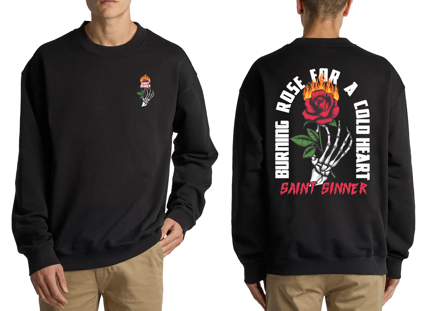 BURNING ROSE CREW NECK JUMPER | SAINT SINNER STREETWEAR